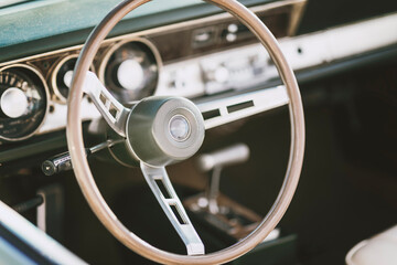 Classic car show, close-up on vehicle dashboard, vintage color