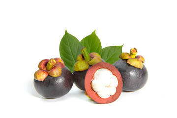 Mangosteen with leaves isolated on white background
