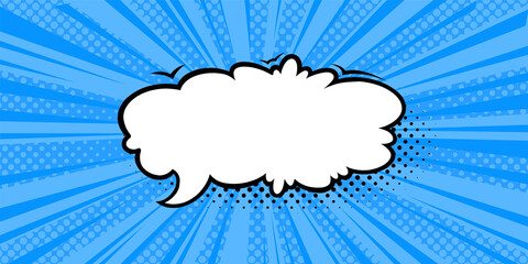 Speech bubble in blue halftone background. Promotion banner template with speech cloud in comic style. Vector illustration