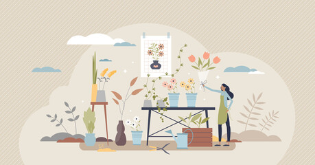 Florist occupation as professional flower bouquet seller tiny person concept. Creating pretty daisies, roses and tulips compositions and grown houseplants in pots store business vector illustration.