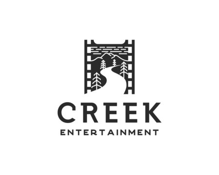 Creek entertainment logo. roll film with stream and mountains logo design template