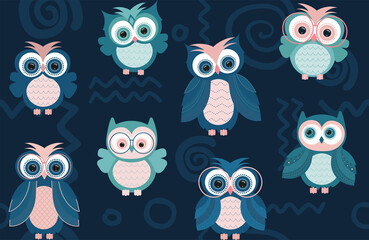 Vector seamless pattern with blue and green owls on a dark-blue background. Cute background template. EPS10