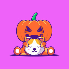 Cute Pumpkin Monster holding Head Cat Cartoon Illustration. Halloween Flat cartoon Style Concept