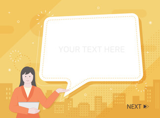 Woman with big speech bubble. online education, business presentation, announcement. city view and abstract background