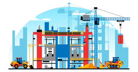 A building under construction against the background of a city under construction. A site with heavy commercial vehicles. Crane, sand. Vector illustration. © kostymo