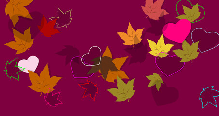 Fototapeta na wymiar AUTUMN BACKGROUND. Cool wallpaper. Profiles and contours, silhouettes of isolated elements. Set of multicolored leaves and hearts, characteristic of the time. Fall season atmosphere. 