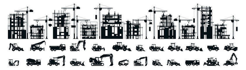 A large set of buildings under construction and construction equipment. Black and white collection of commercial vehicles, unfinished buildings. Vector illustration isolated on white background © kostymo