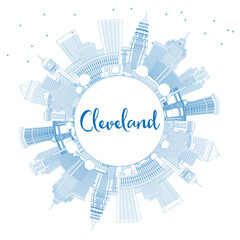 Outline Cleveland Ohio City Skyline with Blue Buildings and Copy Space. - obrazy, fototapety, plakaty