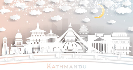 Fototapeta premium Kathmandu Nepal City Skyline in Paper Cut Style with White Buildings, Moon and Neon Garland.