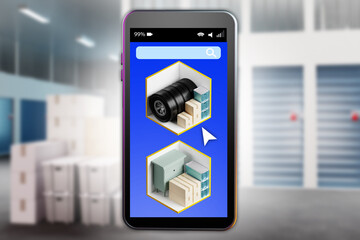 Rental storage room. Storage room rental via phone. Smartphone with storage company app interface. Warehouse company mobile application. Containers with different contents in phone. 3d image