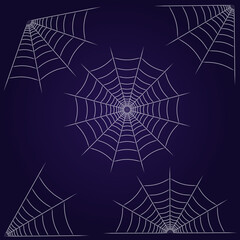 Spider web set isolated on dark background. Spooky Halloween cobwebs. Outline vector illustration