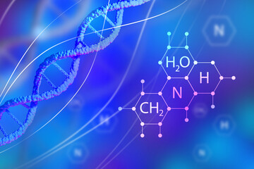 Name of chemical elements next to DNA helix. They symbolize genetic testing. DNA test. Concept -...