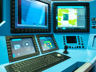 Dispatch equipment. Dispatch monitors. Dispatch table with built-in screens. Centralized control point of enterprise. Production process control center. Remote Control with keyboards and monitors.