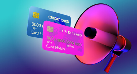 Credit cards and loudspeaker. They symbolize discount advertisements. Advertising of discounts on shopping. Loudspeaker is metaphor for advertising message. Advertising of bank cards. 3d images