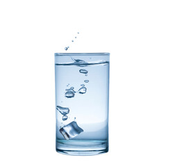 splashing water in a glass with ice isolated white background