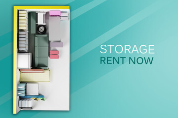 Self storage units top view. Banner design for storage company. Storage rent now inscription....