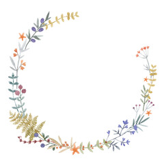 Beautiful stock illustration with hand drawn watercolor gentle floral wreath.