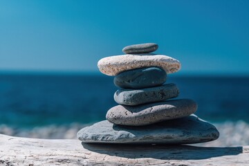 Balanced pebble pyramid on the beach on a sunny day. Abstract Sea bokeh on the background. Selective focus. Zen stones on the sea beach, meditation, spa, harmony, calmness, balance concept