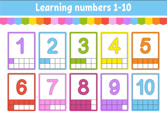 Fototapeta premium Set flash cards for kids. Learning numbers 1-10. Education developing worksheet. Activity page for school. Color game for children. Vector illustration. Cartoon style.