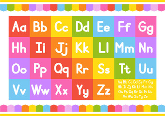 English alphabet. Vector set. Bright color style. Cartoon ABC. Funny hand drawn font. Lowercase and uppercase letters