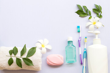 toothbrush, mouthwash health care of oral cavity with herbal soap of lifestyle a bath arrangement flat lay style on background white