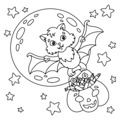A cute bat carries a pumpkin basket with sweets. Halloween theme. Coloring book page for kids. Cartoon style. Vector illustration isolated on white background.
