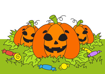 Funny pumpkins. Halloween theme. Color image for kids. Cartoon style. Vector illustration isolated on white background.