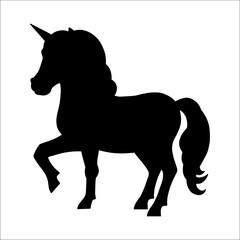 Fototapeta na wymiar Black silhouette unicorn. Design element. Vector illustration isolated on white background. Template for books, stickers, posters, cards, clothes.