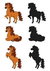 Cute horse. Farm animal. Cartoon character. Black silhouette. Colorful vector illustration. Isolated on white background. Design element.