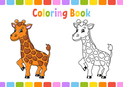 Coloring book for kids. Giraffe animal. Coon character. Vector illustration. Fantasy page for children. Black contour silhouette. Isolated on white background.
