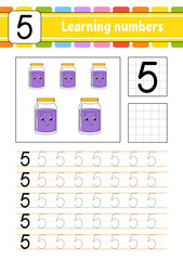 Trace and write numbers. Handwriting practice. Learning numbers for kids. Education developing worksheet. Activity page. Isolated vector illustration in cute coon style.