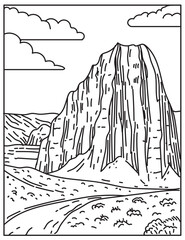 Mono line illustration of Cathedral Valley Loop of Capitol Reef National Park in Utah, USA done in in retro black and white monoline line art style poster.