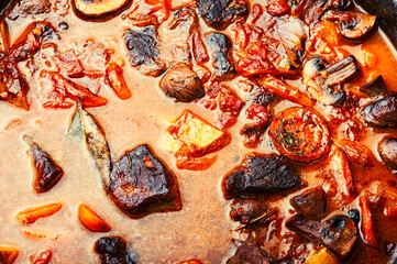 Ragout with beef and mushrooms,food background