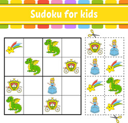 Sudoku for kids. Fairytale theme. Education developing worksheet. Activity page with pictures. Puzzle game for children. Isolated vector illustration. Funny character. Cartoon style.