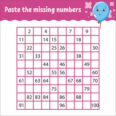Paste the missing numbers from 1 to 100. Handwriting practice. Learning numbers for kids. Education developing worksheet. Activity page. Game for children.