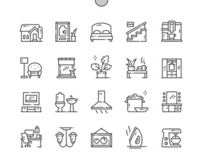 Home and living. House, door, bed, stairs, wardrobe, bathroom and other. Makeup table. Pixel Perfect Vector Thin Line Icons. Simple Minimal Pictogram