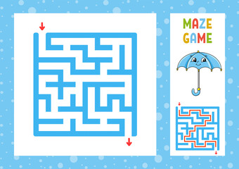 Square maze. Game for kids. Puzzle for children. Happy character. Labyrinth conundrum. Color vector illustration. Find the right path. With answer. Isolated vector illustration. Cartoon style.