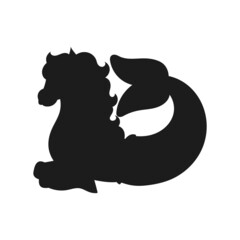 Cute mermaid horse. Black silhouette. Design element. Vector illustration isolated on white background. Template for books, stickers, posters, cards, clothes.
