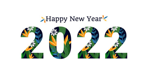 2022 New Year banner. Number 2022 with ornament flowers and plants. Vector decorative object.