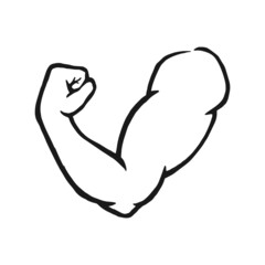 Muscular arm of a bodybuilder. Outline silhouette. Design element. Vector illustration isolated on white background. Template for books, stickers, posters, cards, clothes.