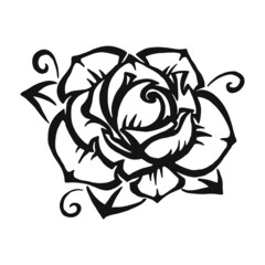 Rose flower. Black silhouette. Design element. Hand drawn sketch. Vintage style. Vector illustration isolated on white background.