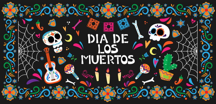 Dia de Los Muertos - Day of the Dead celebration poster. Set of mexican traditional objects.