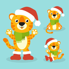 Tiger symbol in a winter hat. Cartoon character. Colorful vector illustration. Happy New Year and Merry Christmas. Isolated on color background. Design element.