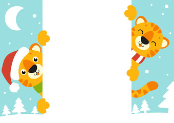 Obraz premium Gift color greeting card. Tiger simbol in a santa hat. Cute cartoon character. Happy New Year and Merry Christmas. Animal holding white blank poster. Flat style. Vector illustration.
