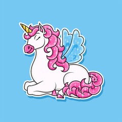 Cute unicorn with wings. Magic fairy horse. Cartoon character. Colorful vector illustration. Isolated on color background. Design element. Template for your design, books, stickers, cards.