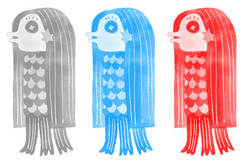 アマビエの単色水彩イラスト：赤、青、黒