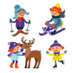 Set of happy children winter activities  with snowman, deer, skis, sled, ice skates. Boys and girls in winter hats, scarf, mittens. Vector flat illustration. Design for greeting card, banner, flyer