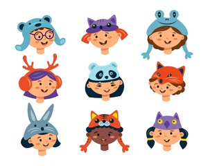 Cute multiracial boy and girl head in animal hat costume fox, bear, frog, deer, panda, bunny, tiger, owl isolated on white. Vector flat characters illustration. Design for party, invitation, birthday