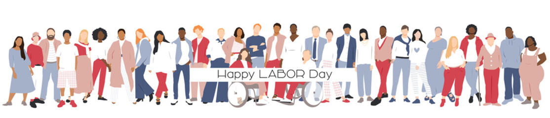 Happy Labor Day card. People of different ethnicities stand side by side together. Flat vector illustration.	