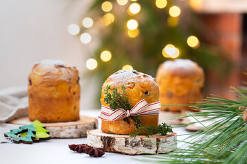 Traditional Italian Christmas cake Panettone with festive decorations 